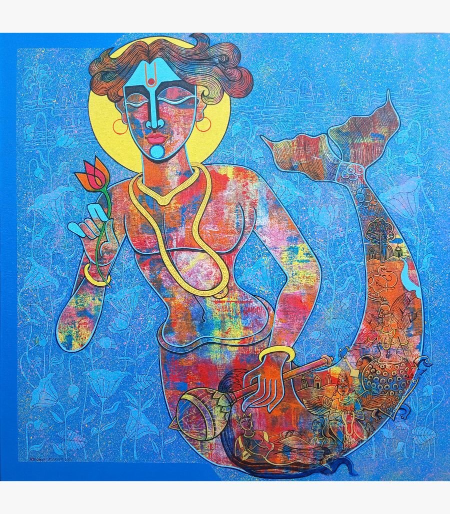 4 Modern spiritual acrylic painting of Lord Vishnu in Matsya Avatar holding a pink lotus and mace on a vibrant blue lotus background by Ramana Peram.