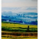 Abstract landscape acrylic painting on canvas featuring layered horizontal palette knife strokes of cerulean blue, lime green, and warm ochre by artist Ashish Karnik.