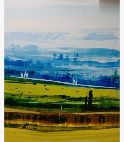 Abstract landscape acrylic painting on canvas featuring layered horizontal palette knife strokes of cerulean blue, lime green, and warm ochre by artist Ashish Karnik.