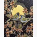 Handcrafted mixed media canvas painting of two grey and yellow sparrows perched on branches surrounded by metallic copper flowers and a glowing gold full moon by Pooja Sharma.