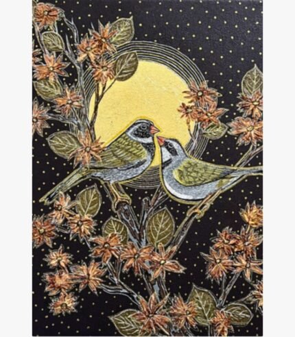 Handcrafted mixed media canvas painting of two grey and yellow sparrows perched on branches surrounded by metallic copper flowers and a glowing gold full moon by Pooja Sharma.