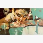 Expressive portrait oil painting on canvas of a traditional Indian woman resting her chin on her hands with a maang tikka and intense gaze by Satish Tayade.