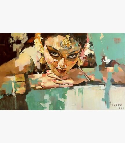 Expressive portrait oil painting on canvas of a traditional Indian woman resting her chin on her hands with a maang tikka and intense gaze by Satish Tayade.