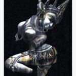Realistic carved stone sculpture style oil painting on canvas of a graceful celestial dancer Apsara in ancient temple attire by artist Debopriya.