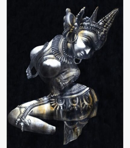 Realistic carved stone sculpture style oil painting on canvas of a graceful celestial dancer Apsara in ancient temple attire by artist Debopriya.