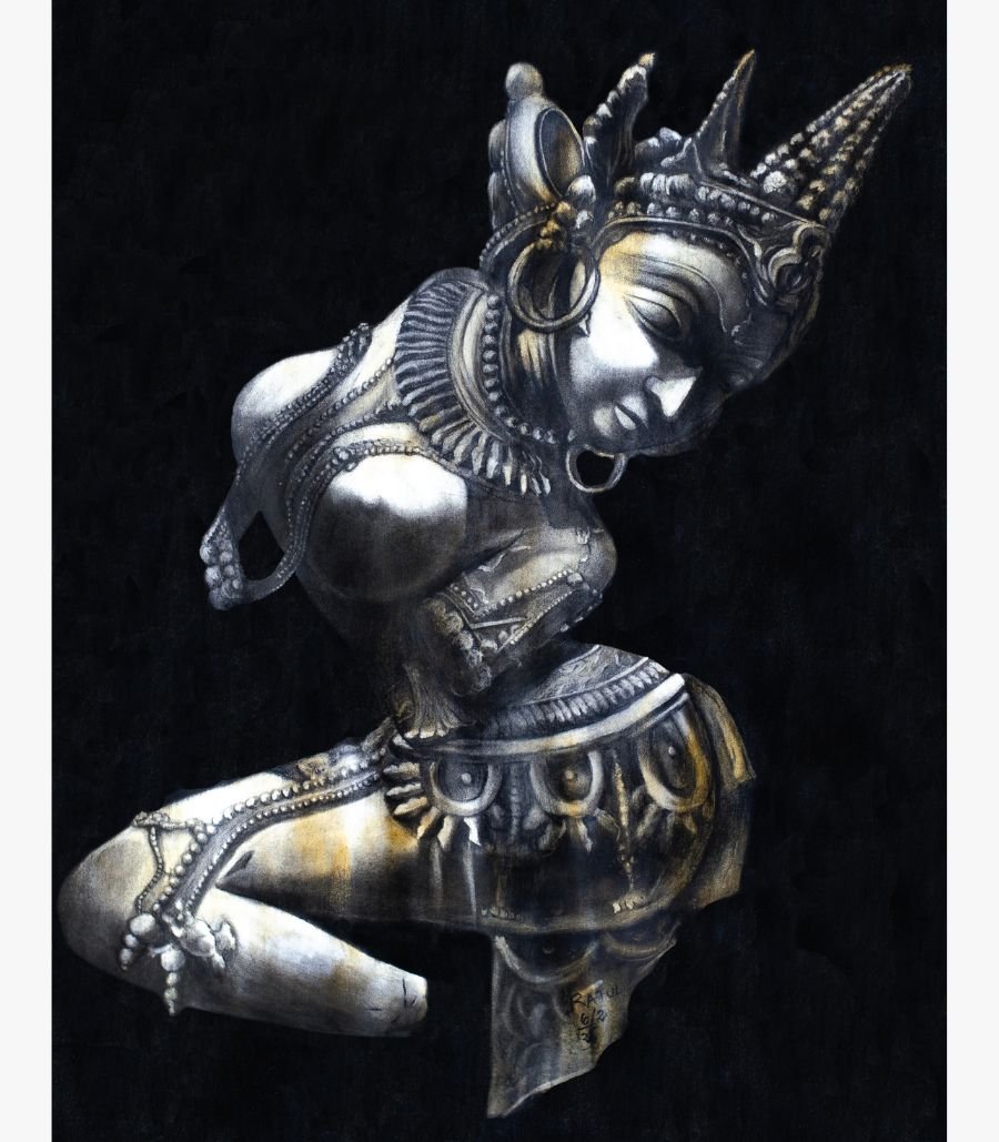 4 Realistic carved stone sculpture style oil painting on canvas of a graceful celestial dancer Apsara in ancient temple attire by artist Debopriya.