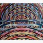 Modern Op Art geometric abstract acrylic painting on canvas with vibrant multi-colored concentric circles and horizontal wave bands by Ghanshyam Gupta.