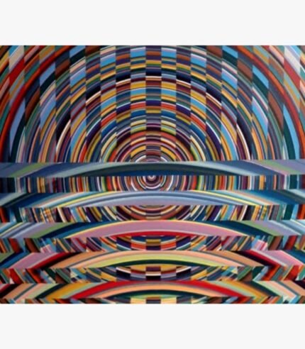 Modern Op Art geometric abstract acrylic painting on canvas with vibrant multi-colored concentric circles and horizontal wave bands by Ghanshyam Gupta.