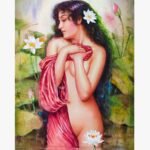 Classical Indian figurative watercolor painting of a maiden bathing in a lotus pond with white lily flowers by artist Kamalendu Debnath.