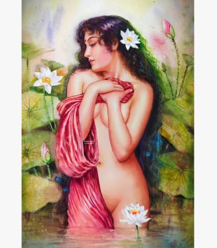 Classical Indian figurative watercolor painting of a maiden bathing in a lotus pond with white lily flowers by artist Kamalendu Debnath.