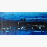 Monochromatic deep blue horizontal panoramic abstract acrylic painting on canvas with palette knife texture and dark ocean horizons by artist Ashish Karnik.