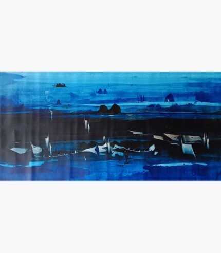Monochromatic deep blue horizontal panoramic abstract acrylic painting on canvas with palette knife texture and dark ocean horizons by artist Ashish Karnik.