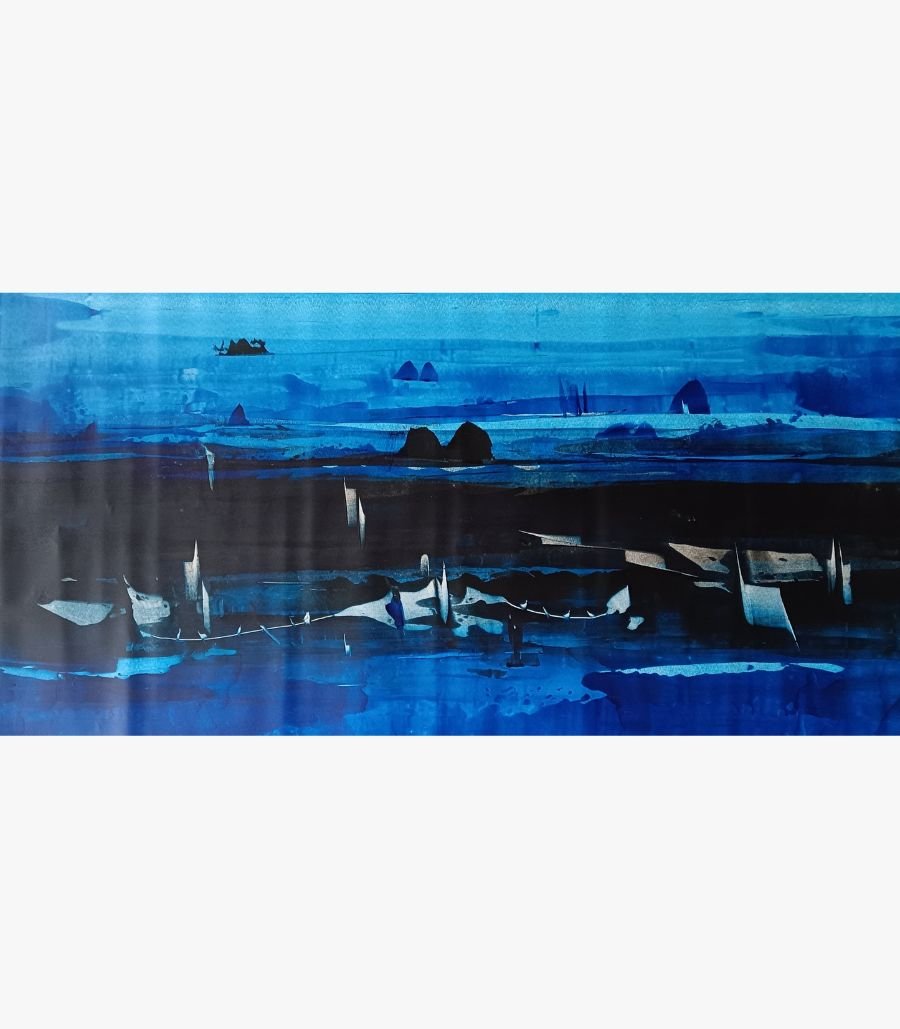 5 Monochromatic deep blue horizontal panoramic abstract acrylic painting on canvas with palette knife texture and dark ocean horizons by artist Ashish Karnik.
