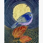 Handcrafted mixed media canvas painting of a vibrant blue and purple songbird perched on red autumn leaves under a golden full moon by Pooja Sharma.