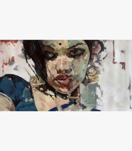 Expressive portrait oil painting on canvas of a traditional Indian woman in a peacock blue attire with jhumkas and nose ring by Satish Tayade.