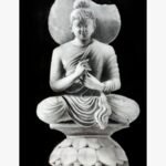Realistic stone sculpture style oil painting on canvas of meditating Lord Buddha in Dharmachakra Mudra seated on a lotus pedestal by artist Debopriya.