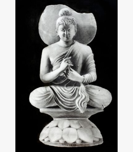 Realistic stone sculpture style oil painting on canvas of meditating Lord Buddha in Dharmachakra Mudra seated on a lotus pedestal by artist Debopriya.