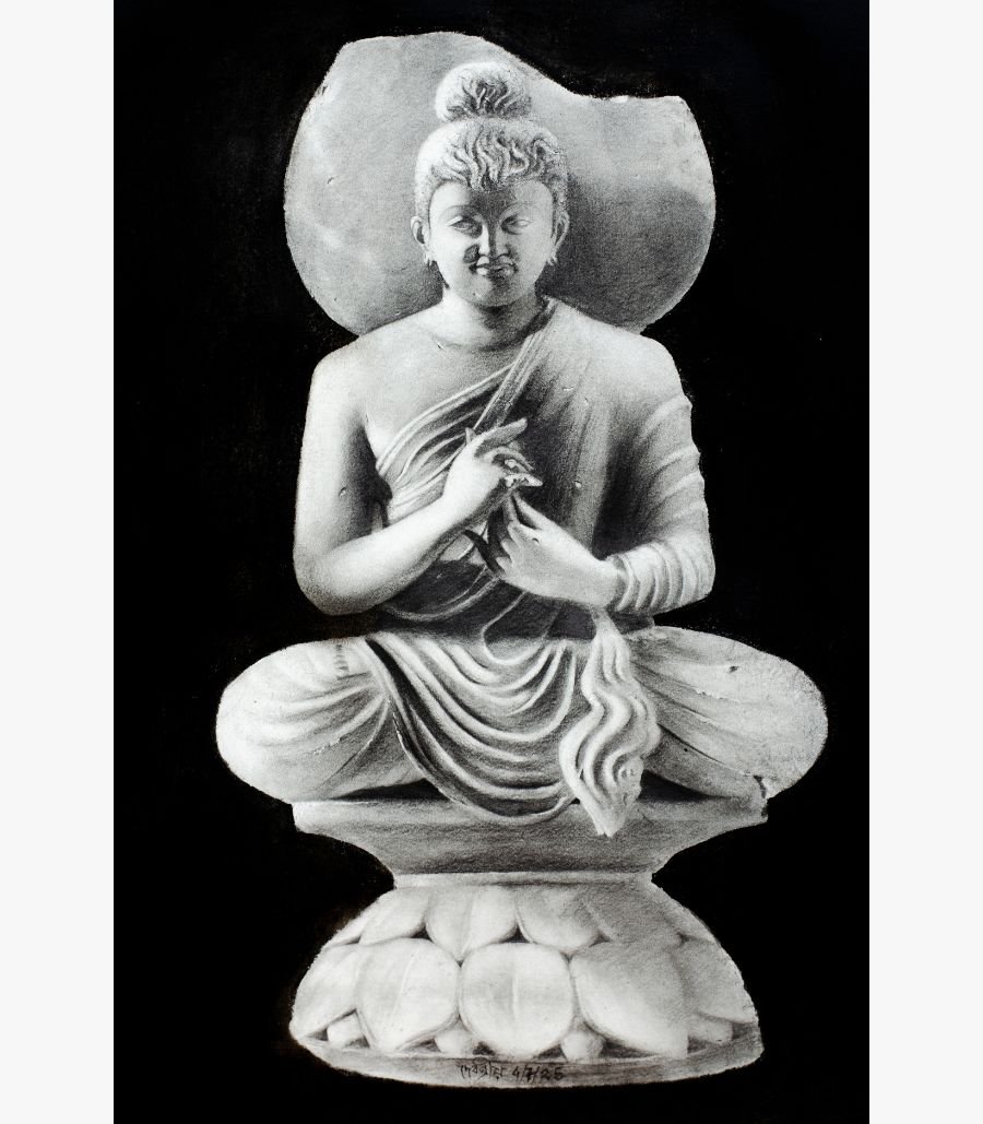 5 Realistic stone sculpture style oil painting on canvas of meditating Lord Buddha in Dharmachakra Mudra seated on a lotus pedestal by artist Debopriya.