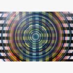 Modern Op Art geometric abstract acrylic painting on canvas featuring concentric circles overlaid with a black and white checkerboard grid by Ghanshyam Gupta.