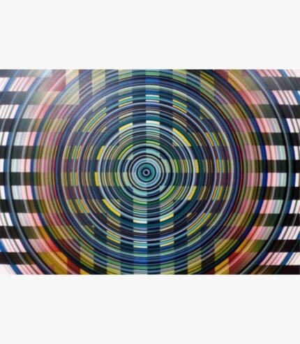 Modern Op Art geometric abstract acrylic painting on canvas featuring concentric circles overlaid with a black and white checkerboard grid by Ghanshyam Gupta.
