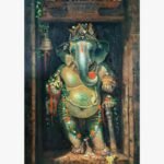 Realistic stone temple carving oil painting of standing Lord Ganesha with floral garlands and brass bell by artist Kamalendu Debnath.