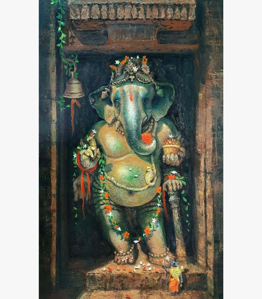 Realistic stone temple carving oil painting of standing Lord Ganesha with floral garlands and brass bell by artist Kamalendu Debnath.