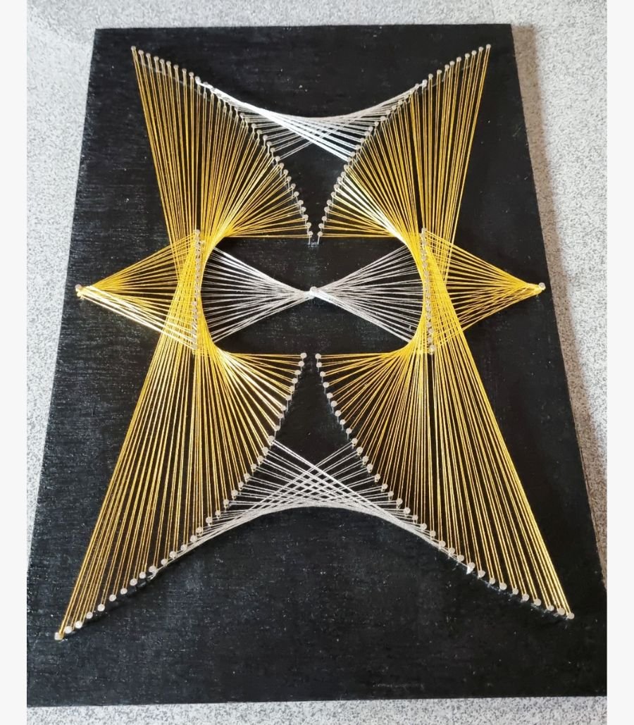 5 Handcrafted 3D geometric string art featuring gold and silver thread starburst and hour-glass matrix on a dark wooden board by Art Impression.
