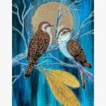 Handcrafted mixed media canvas painting of two striped brown cuckoo birds perched on blue branches under a golden full moon by Pooja Sharma.