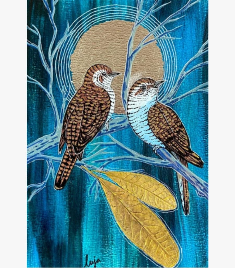6 Handcrafted mixed media canvas painting of two striped brown cuckoo birds perched on blue branches under a golden full moon by Pooja Sharma.