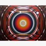 Modern Op Art geometric abstract acrylic painting on canvas featuring concentric colored rings, radiant solar glow, and white planetary dots by Ghanshyam Gupta.