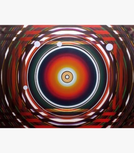 Modern Op Art geometric abstract acrylic painting on canvas featuring concentric colored rings, radiant solar glow, and white planetary dots by Ghanshyam Gupta.