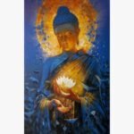 Modern spiritual acrylic and oil painting of Lord Buddha with a glowing golden halo holding a radiant white lotus flower by artist Kamalendu Debnath.