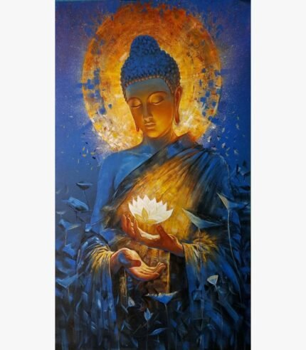 Modern spiritual acrylic and oil painting of Lord Buddha with a glowing golden halo holding a radiant white lotus flower by artist Kamalendu Debnath.