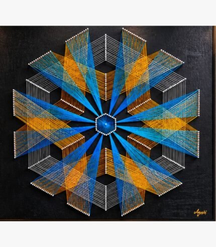 Handcrafted circular hexagonal 3D string art featuring vibrant cyan blue, golden yellow, and white thread geometry on a dark wooden board by Art Impression.