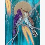 Handcrafted mixed media canvas painting of a vibrant purple and brown songbird pair perched on blue branches under a golden moon by Pooja Sharma.
