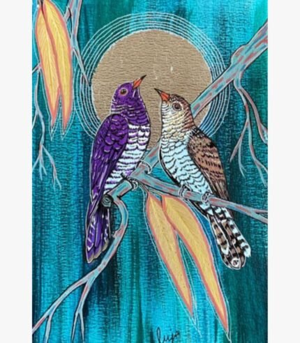 Handcrafted mixed media canvas painting of a vibrant purple and brown songbird pair perched on blue branches under a golden moon by Pooja Sharma.