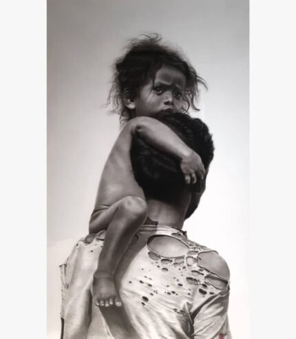 Original charcoal artwork titled The Weight He Carries by Ashish Panasa featuring a child clinging to their father's shoulders.