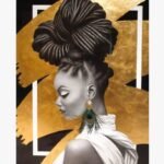 Original charcoal portrait titled Gilded Essence by Ashish Panasa featuring a woman with an intricate hair wrap against gold leaf geometric accents.