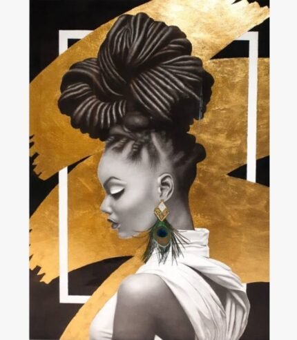 Original charcoal portrait titled Gilded Essence by Ashish Panasa featuring a woman with an intricate hair wrap against gold leaf geometric accents.