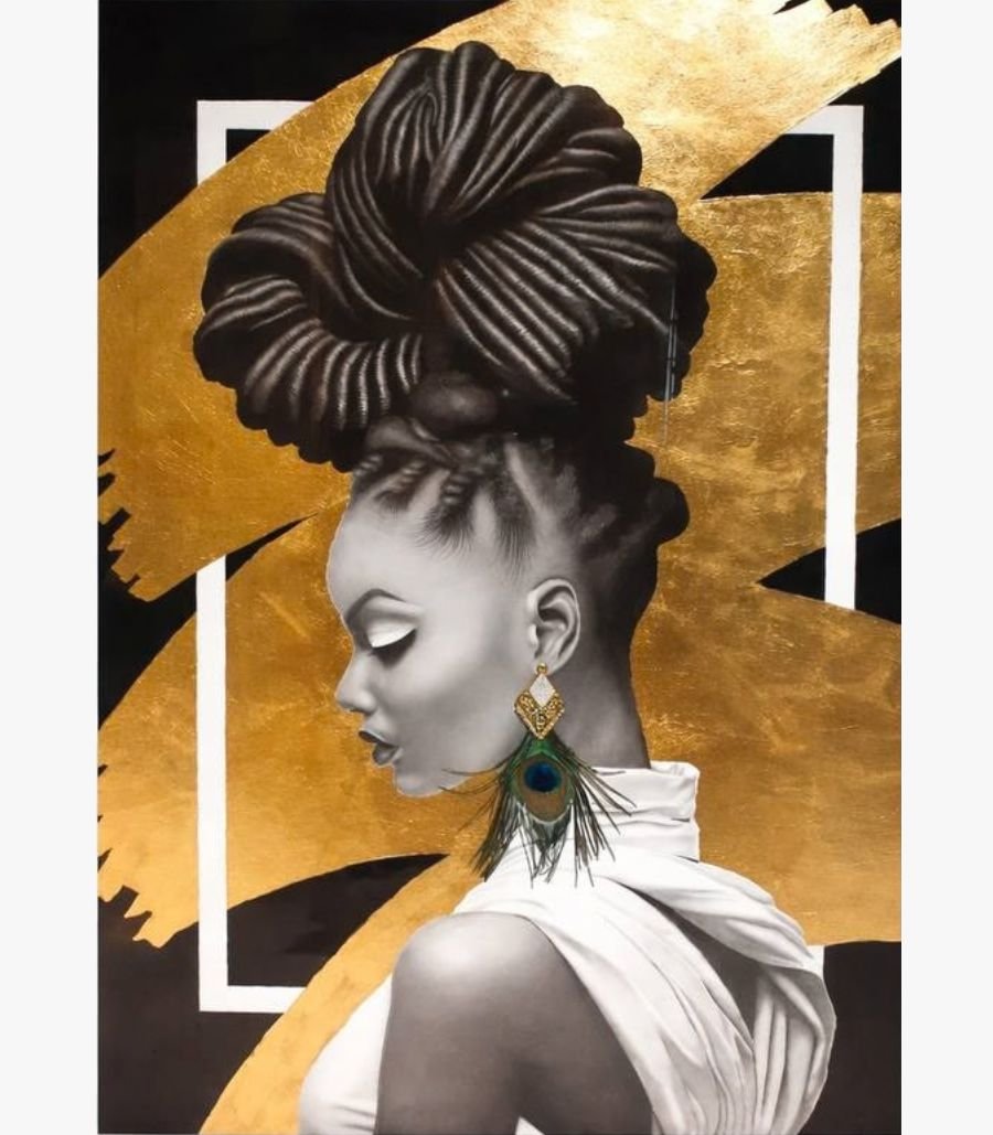 2 Original charcoal portrait titled Gilded Essence by Ashish Panasa featuring a woman with an intricate hair wrap against gold leaf geometric accents.
