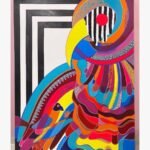 Bold abstract expressionist acrylic painting titled Always a colorful parrot by Mansi Virani featuring a stylized parrot motif with black-and-white zebra patterns, bright yellow beak, and vibrant multi-colored feathers.