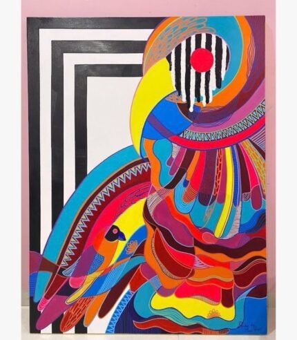 Bold abstract expressionist acrylic painting titled Always a colorful parrot by Mansi Virani featuring a stylized parrot motif with black-and-white zebra patterns, bright yellow beak, and vibrant multi-colored feathers.