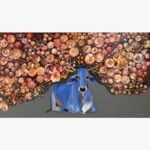 Contemporary Indian acrylic painting titled Quality time VI by Jiban Biswas featuring a serene blue divine bull reclining beneath an expansive canopy of blooming peach and pink peony flowers against a dark grey background.