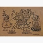 Traditional Indian miniature artwork titled Auspiciousness - The Royal Procession by Nirmal Soni depicting a royal elephant parade with attendants in fine black line detail using natural pigment colors on paper.