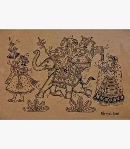 Traditional Indian miniature artwork titled Auspiciousness - The Royal Procession by Nirmal Soni depicting a royal elephant parade with attendants in fine black line detail using natural pigment colors on paper.