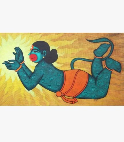 Acrylic canvas painting titled Kabalikruta Swallower of the Sun by Pratiksha Bothe depicting a figure reaching for a glowing sun.