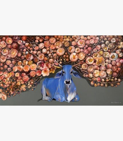 Contemporary Indian acrylic painting titled Quality time VI by Jiban Biswas featuring a serene blue divine bull reclining beneath an expansive canopy of blooming peach and pink peony flowers against a dark grey background.