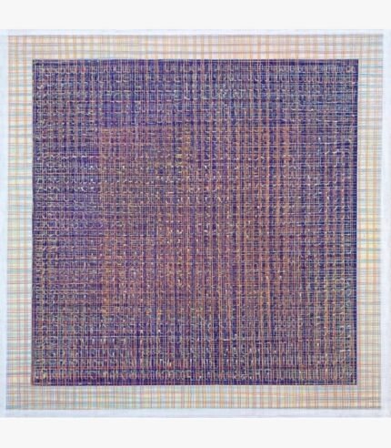 Large square acrylic canvas painting titled Untitled by Radhesham Dhamal featuring an intricate grid of woven lines.