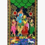 Vertical Pattachitra painting titled Krishna Radha by Sai Swaroop featuring divine figures amidst stylized floral motifs.