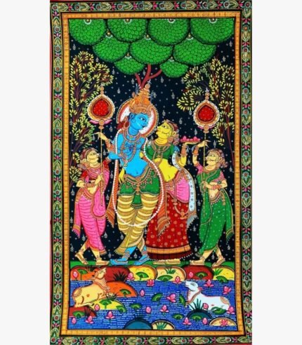 Vertical Pattachitra painting titled Krishna Radha by Sai Swaroop featuring divine figures amidst stylized floral motifs.